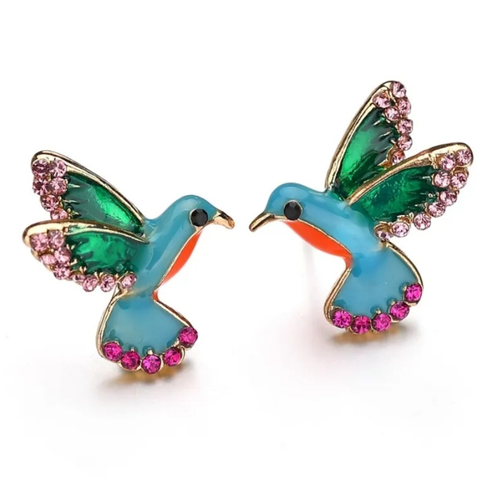 Hummingbird earrings enamel 3D wings crystals studs New Colorful birds